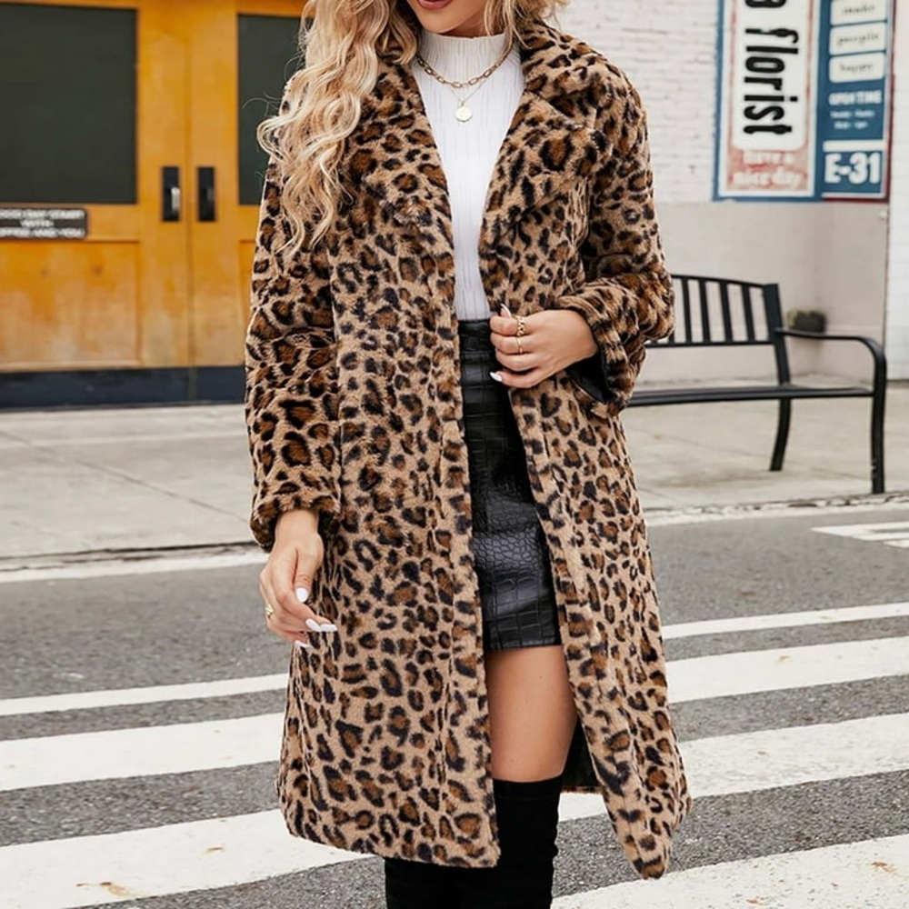 Plus Size Leopard Print Lapel Fuzzy Coat, Casual Long Sleeve Plush Outerwear - Picture 7 of 8